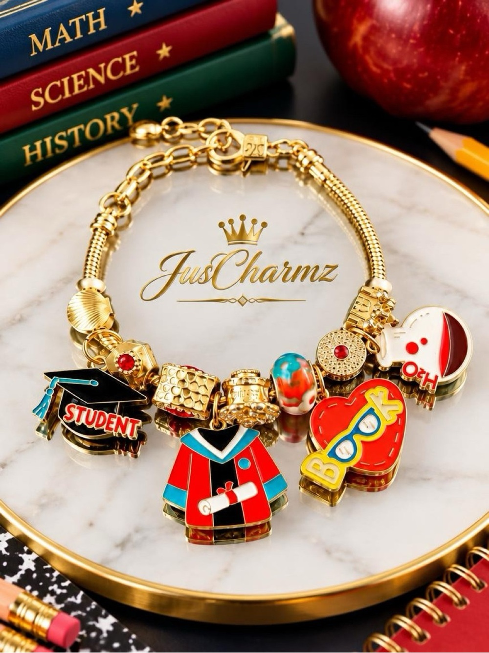Gold Student Graduation Charm Bracelet - Red & Multicolor Accents